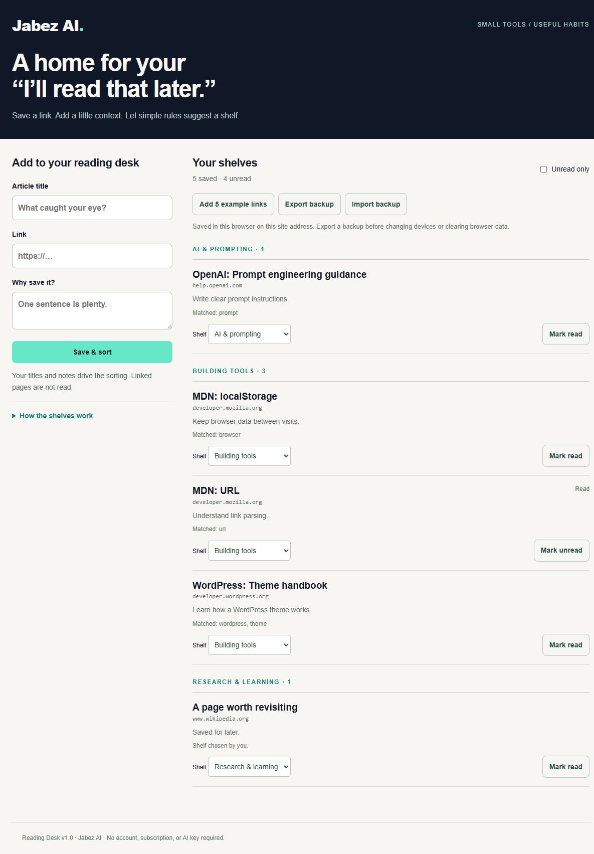 Reading Desk after testing: five saved links, one marked read, and the Wikipedia example moved to Research and learning.